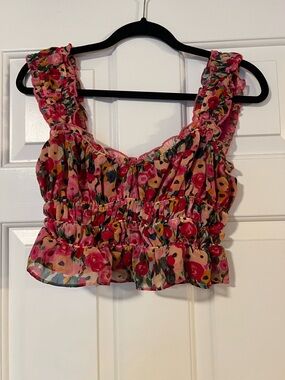 ASTR Pink Floral Ruffle Smocked Crop Top